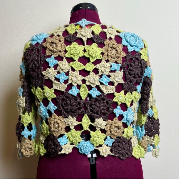 Crochet knit Prima Bella cardigan in green, blue, tan & brown💚 - Picture 4 of 6